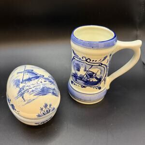 Vintage Delft Blue Holland Windmill Mug & Trinket Box Set Hand Painted